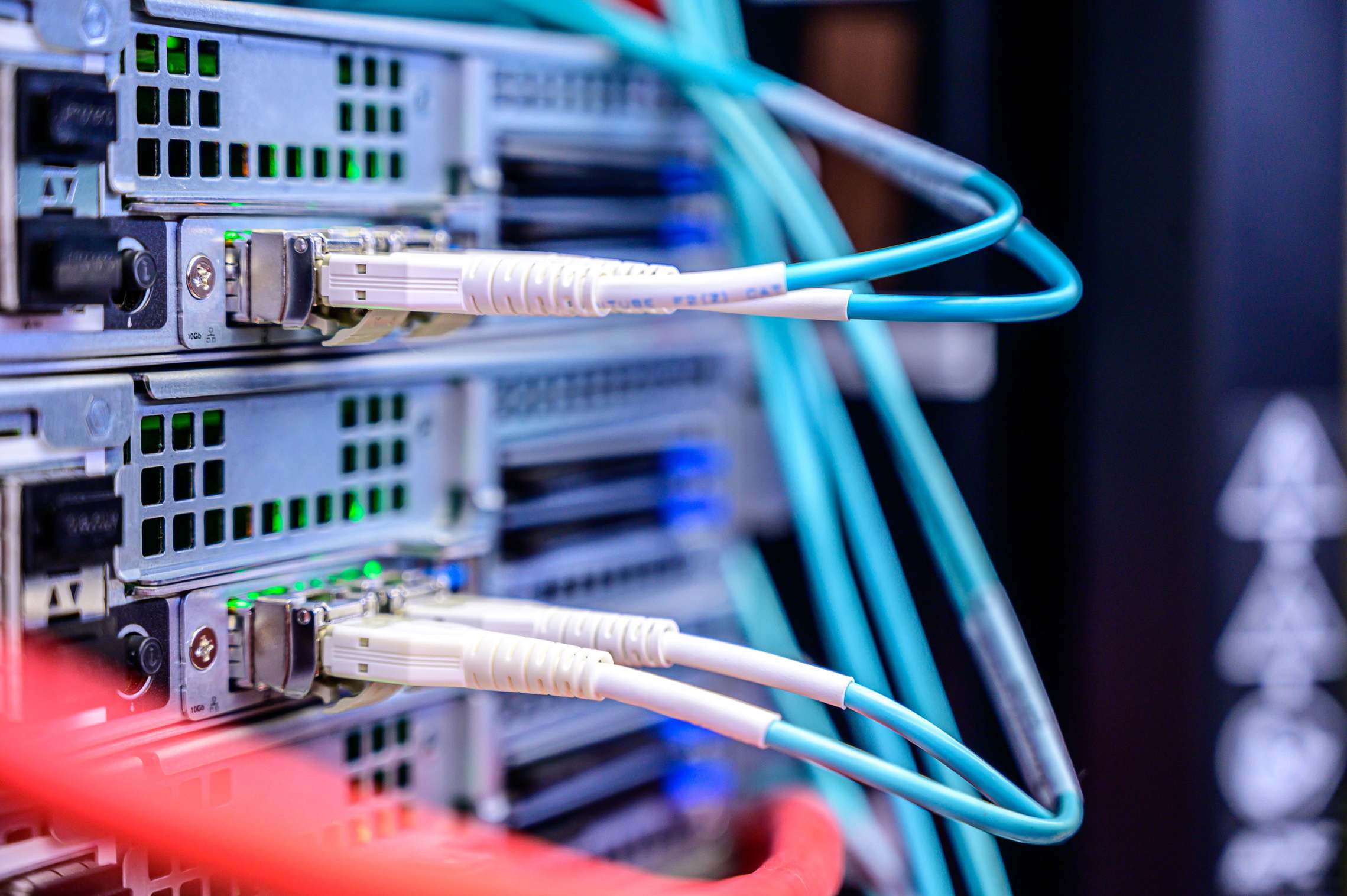 Server racks and network cabling in a data hall